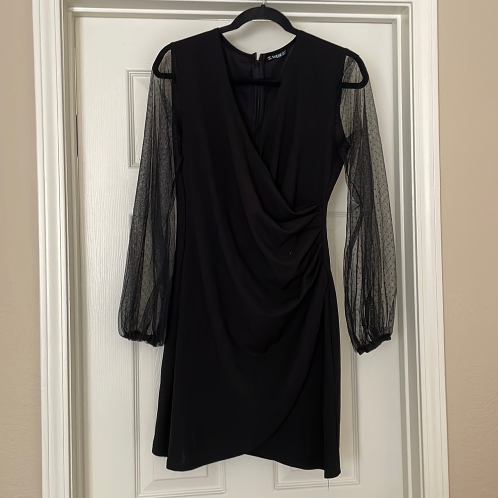 EUC SHEIN black mini dress with mesh polka dot sleeves